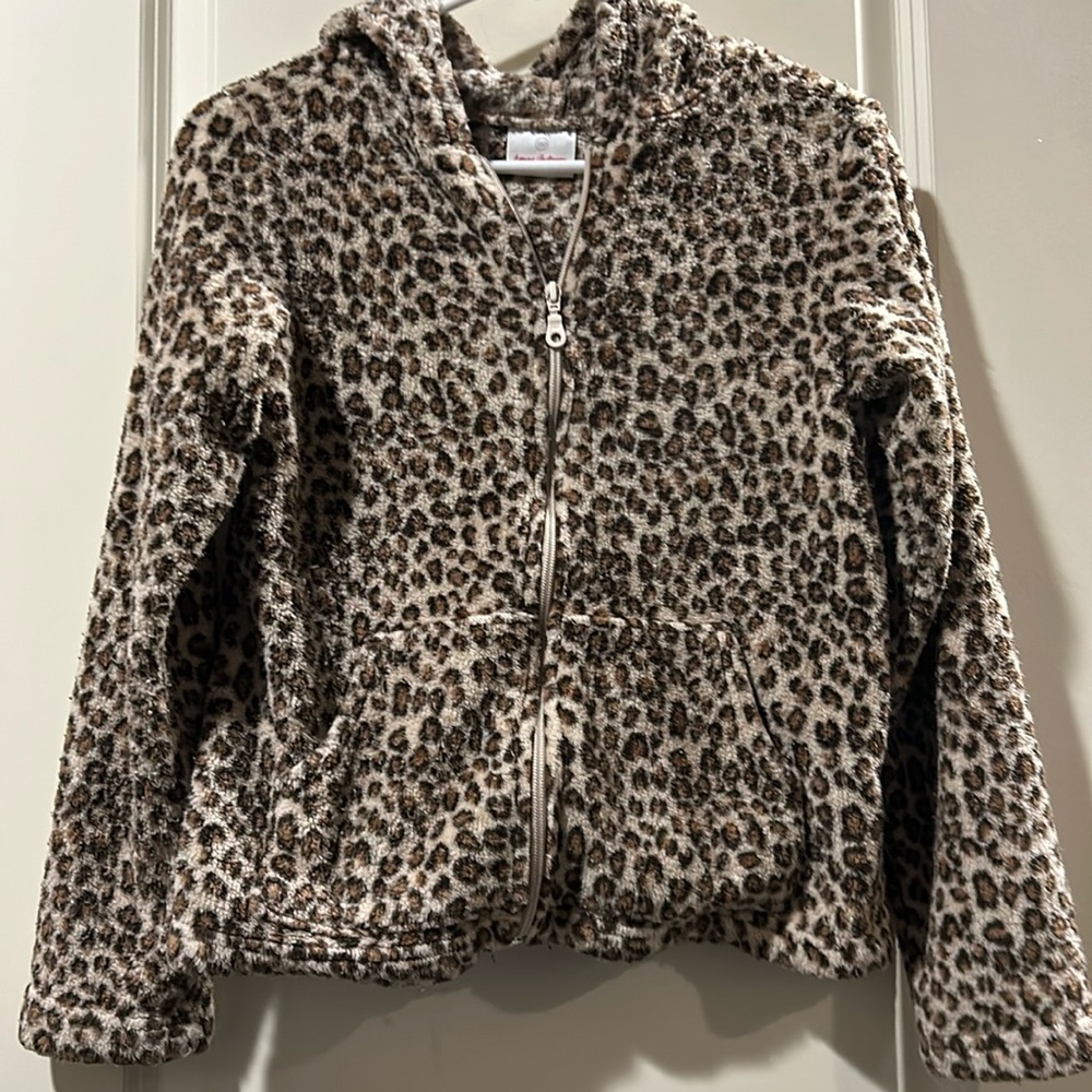Hanna Andersson zip up fleece Cheetah animal jacket Hoodie kids sz 12yrs (160)